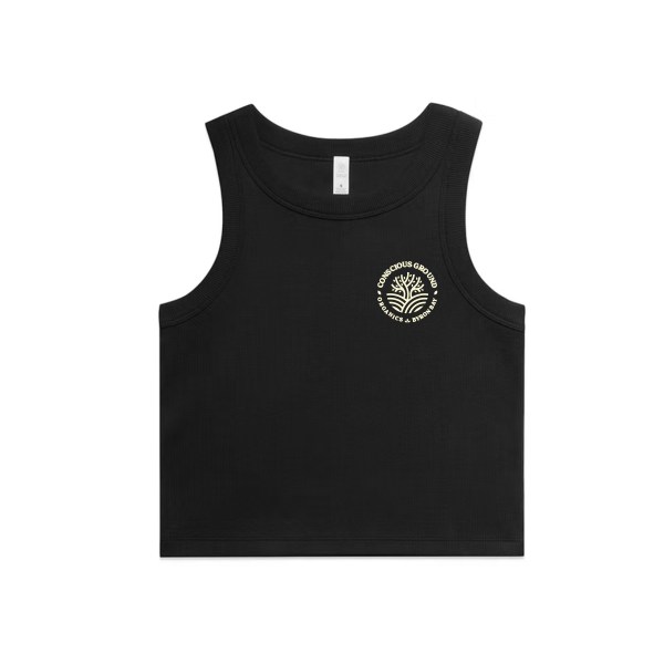 Black Conscious Ground organic cotton rib tank top featuring the logo on the front and back.