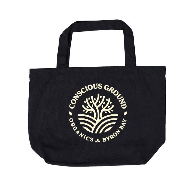 Black weekender tote bag featuring the Conscious Ground logo on both sides.