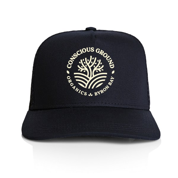 Front view of the navy trucker cap featuring the Conscious Ground logo.